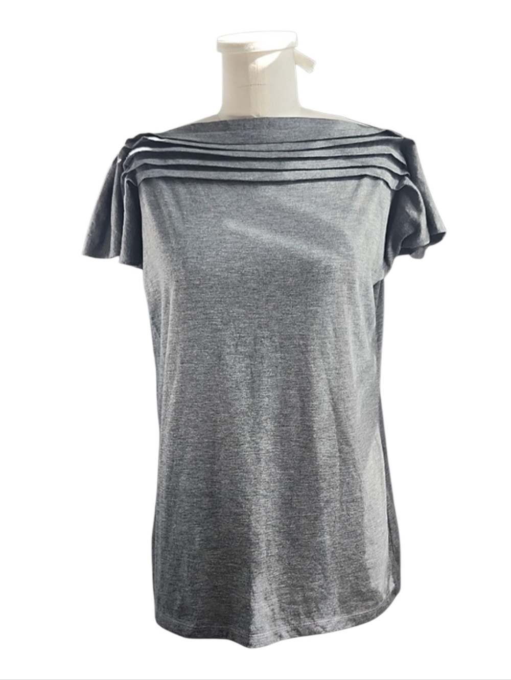 Talbots Heathered Grey Pleated Yoke Flutter Sleeve Tee M